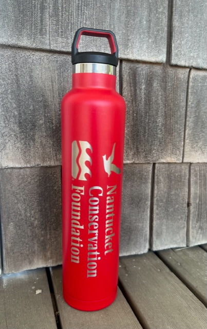 Water Bottle in Red (26 oz) with Nantucket Conservation Foundation on the side and loop handle at top