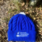 Winter Hat in Cobalt Blue Cable-knit Pattern with Nantucket Conservation Foundation and Logo on Brim