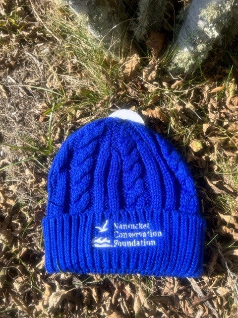 Winter Hat in Cobalt Blue Cable-knit Pattern with Nantucket Conservation Foundation and Logo on Brim