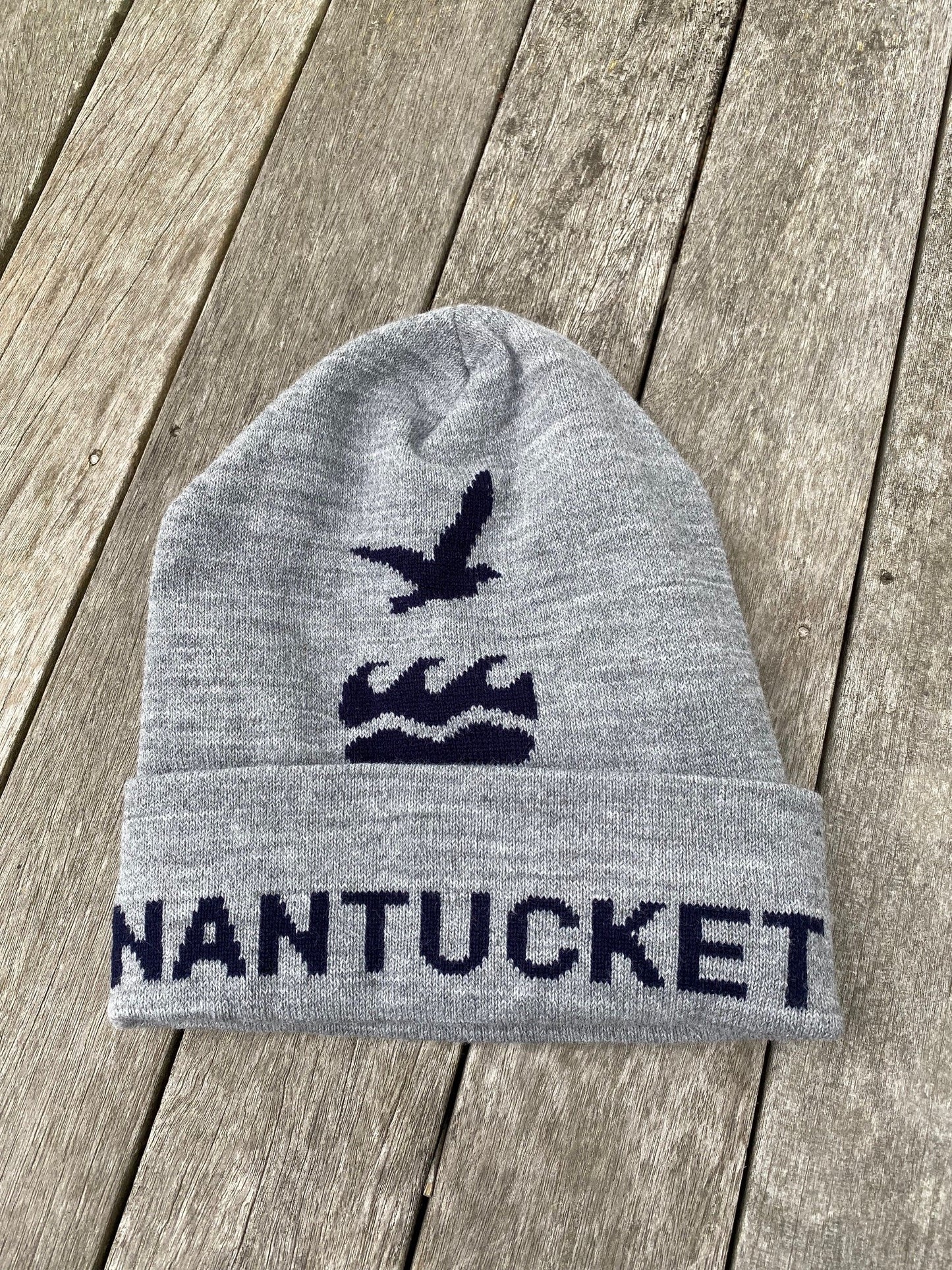 Winter Hat in Gray with NCF Logo and NANTUCKET Written in Navy on the Brim.